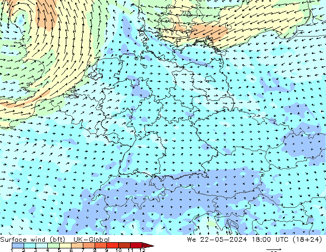 Surface wind (bft) UK-Global We 22.05.2024 18 UTC
