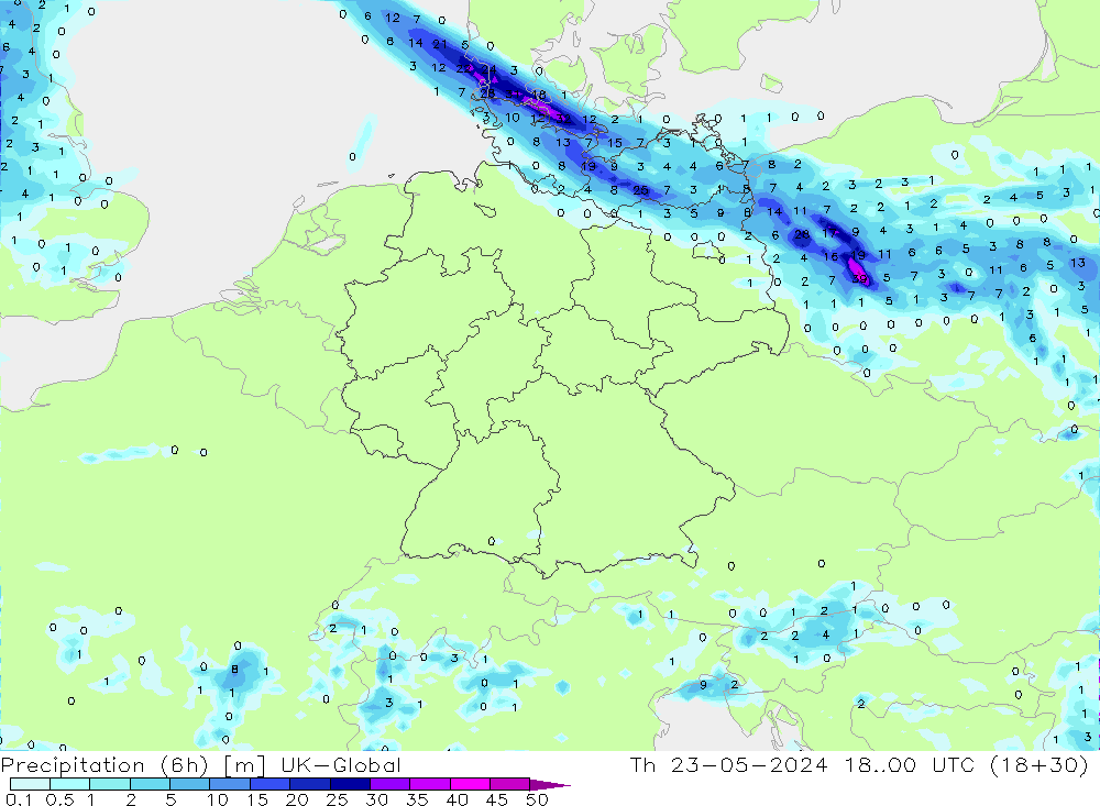 Precipitation (6h) UK-Global Th 23.05.2024 00 UTC