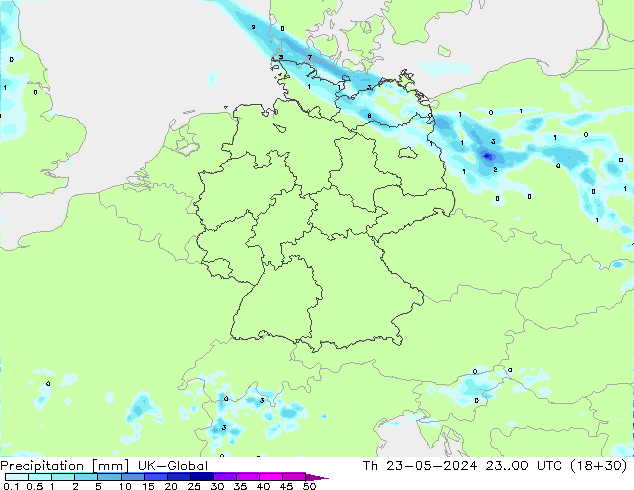 Srážky UK-Global Čt 23.05.2024 00 UTC