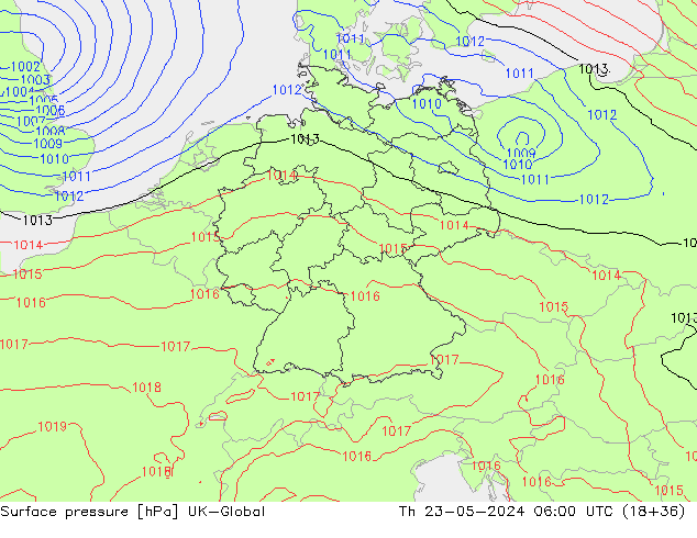 Pressione al suolo UK-Global gio 23.05.2024 06 UTC