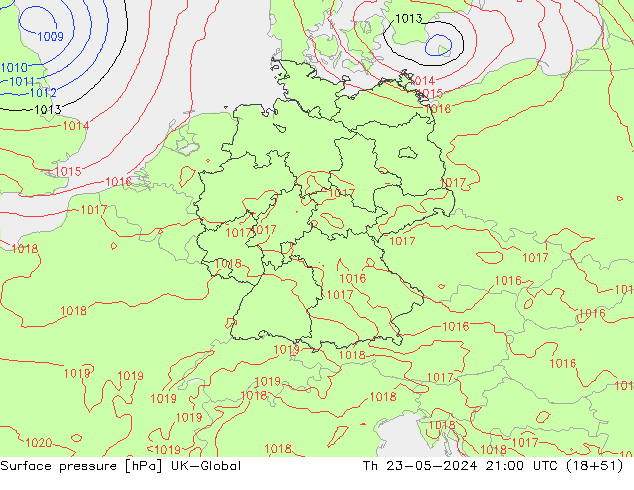 Presión superficial UK-Global jue 23.05.2024 21 UTC