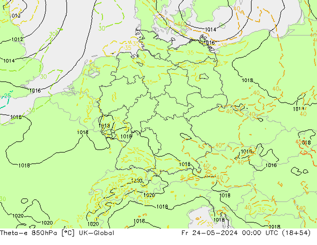Theta-e 850hPa UK-Global Fr 24.05.2024 00 UTC