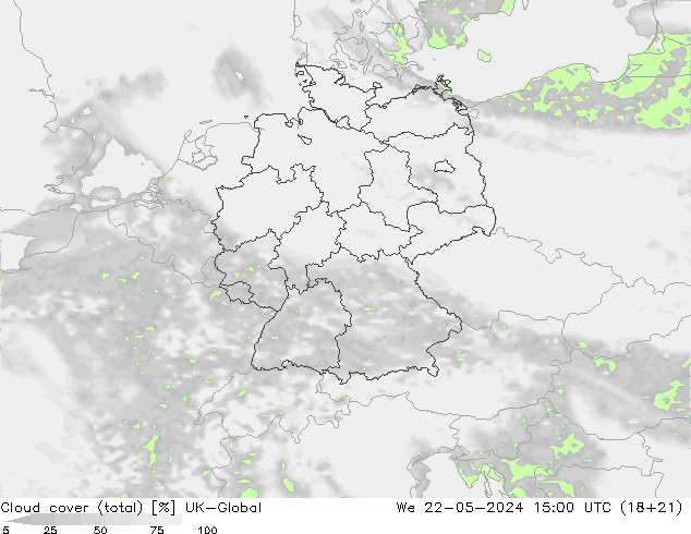 Cloud cover (total) UK-Global We 22.05.2024 15 UTC
