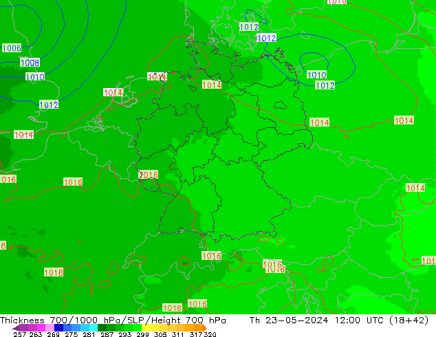 Thck 700-1000 hPa UK-Global Čt 23.05.2024 12 UTC