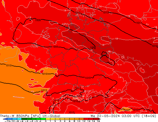 Theta-W 850hPa UK-Global mer 22.05.2024 03 UTC