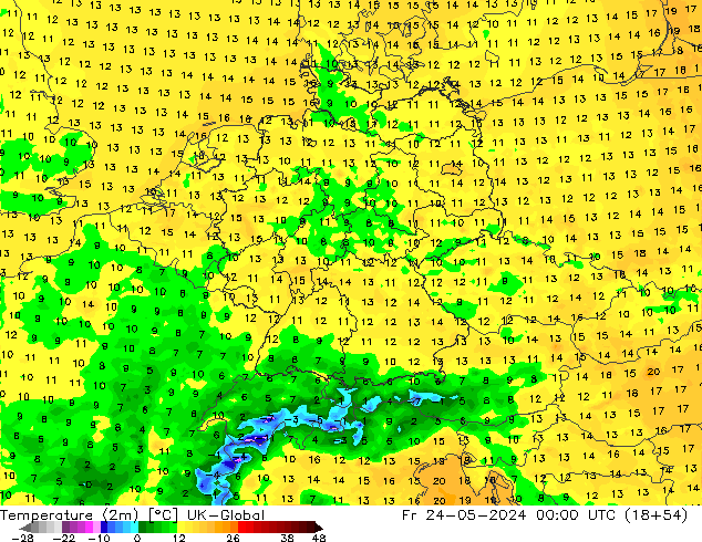 Temperaturkarte (2m) UK-Global Fr 24.05.2024 00 UTC