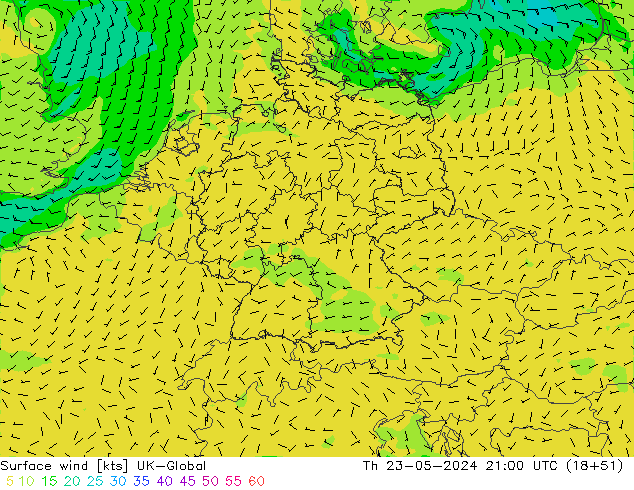 Wind 10 m UK-Global do 23.05.2024 21 UTC