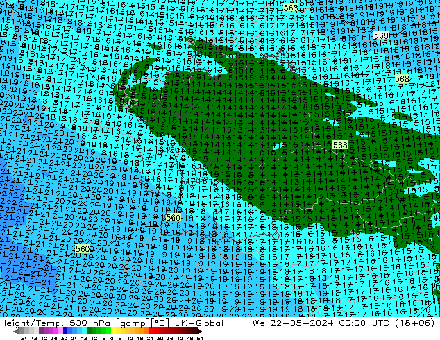 Height/Temp. 500 hPa UK-Global 星期三 22.05.2024 00 UTC