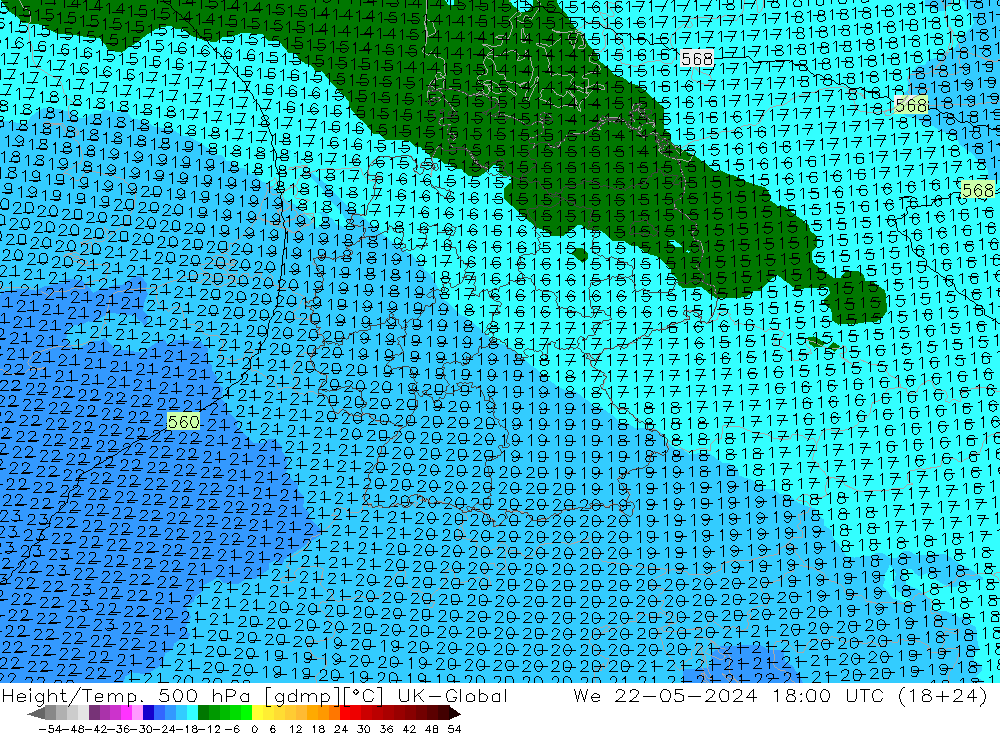 Height/Temp. 500 hPa UK-Global 星期三 22.05.2024 18 UTC