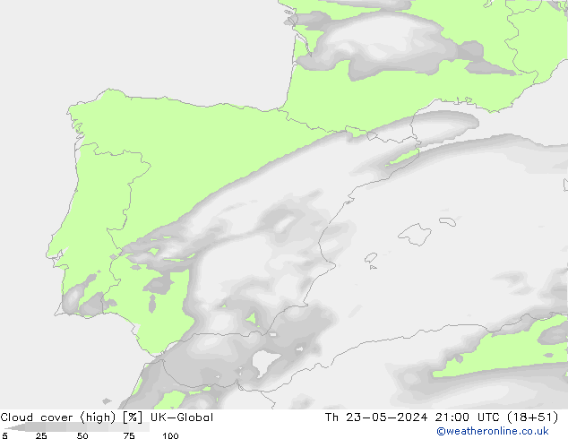 Cloud cover (high) UK-Global Th 23.05.2024 21 UTC