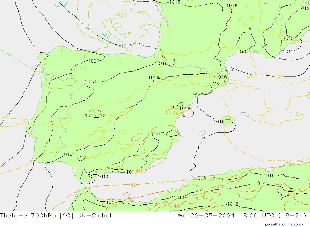 Theta-e 700hPa UK-Global St 22.05.2024 18 UTC