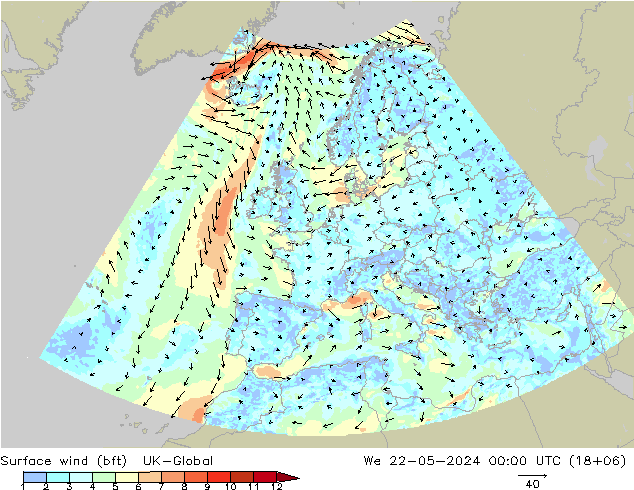 Surface wind (bft) UK-Global We 22.05.2024 00 UTC