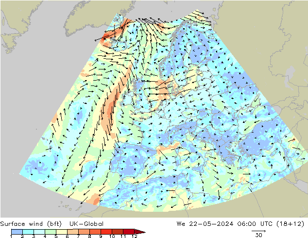 Vento 10 m (bft) UK-Global mer 22.05.2024 06 UTC