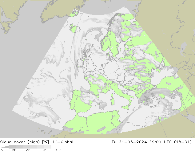 Cloud cover (high) UK-Global Tu 21.05.2024 19 UTC