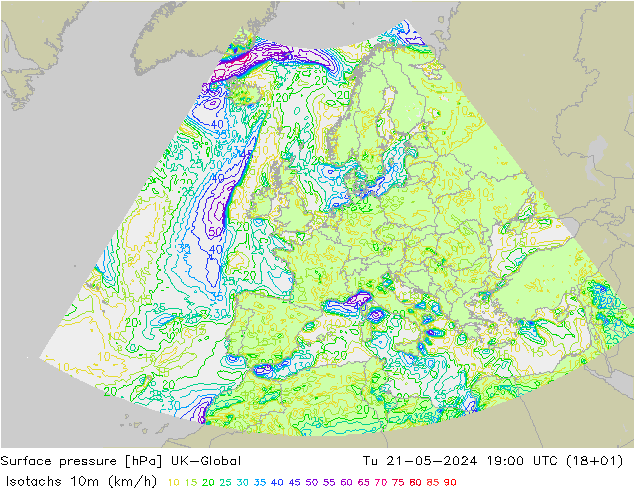Isotachs (kph) UK-Global вт 21.05.2024 19 UTC