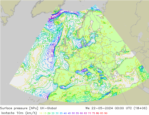 Isotaca (kph) UK-Global mié 22.05.2024 00 UTC