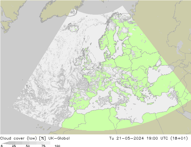 Cloud cover (low) UK-Global Tu 21.05.2024 19 UTC