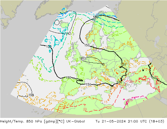 Height/Temp. 850 hPa UK-Global Di 21.05.2024 21 UTC