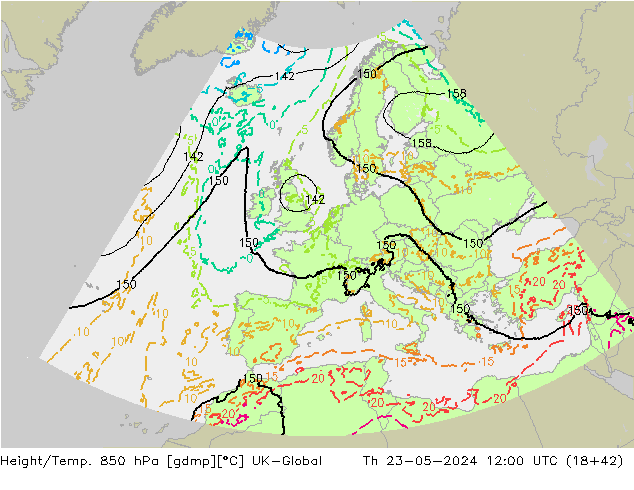 Height/Temp. 850 hPa UK-Global Th 23.05.2024 12 UTC