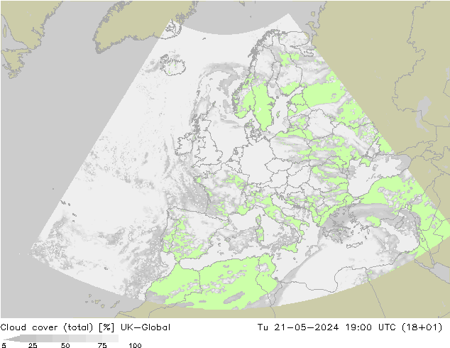 Cloud cover (total) UK-Global Tu 21.05.2024 19 UTC