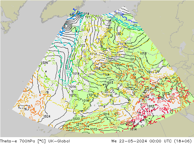 Theta-e 700hPa UK-Global Mi 22.05.2024 00 UTC