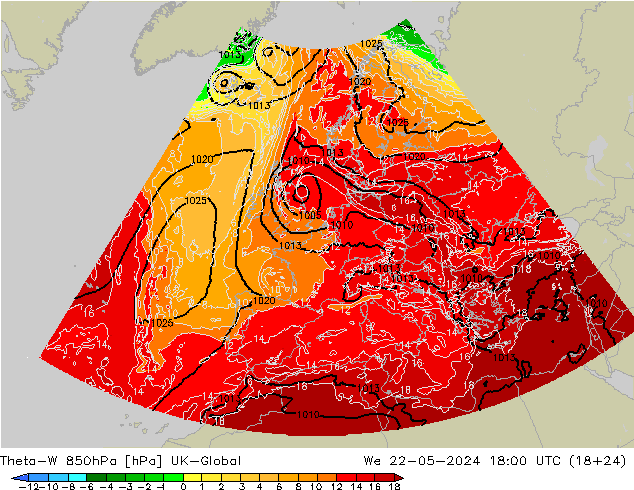 Theta-W 850hPa UK-Global Qua 22.05.2024 18 UTC