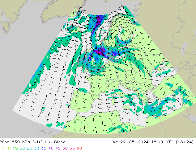 Vento 850 hPa UK-Global Qua 22.05.2024 18 UTC