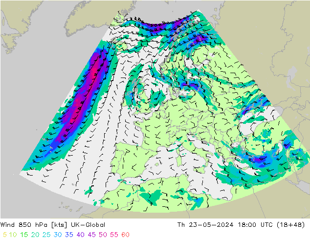 Wind 850 hPa UK-Global Th 23.05.2024 18 UTC