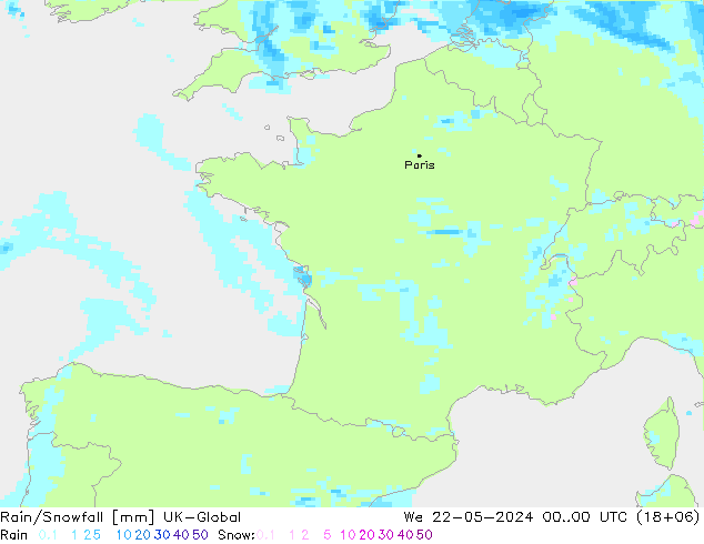 Rain/Snowfall UK-Global ср 22.05.2024 00 UTC
