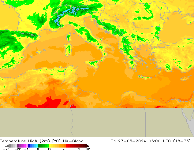 Temperature High (2m) UK-Global Th 23.05.2024 03 UTC