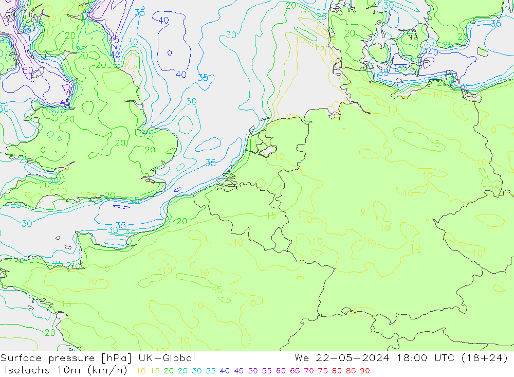 Isotachs (kph) UK-Global mer 22.05.2024 18 UTC