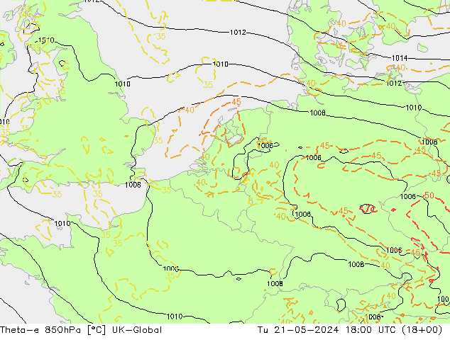Theta-e 850hPa UK-Global  21.05.2024 18 UTC