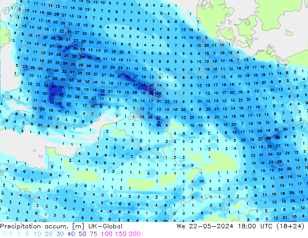 Precipitation accum. UK-Global 星期三 22.05.2024 18 UTC