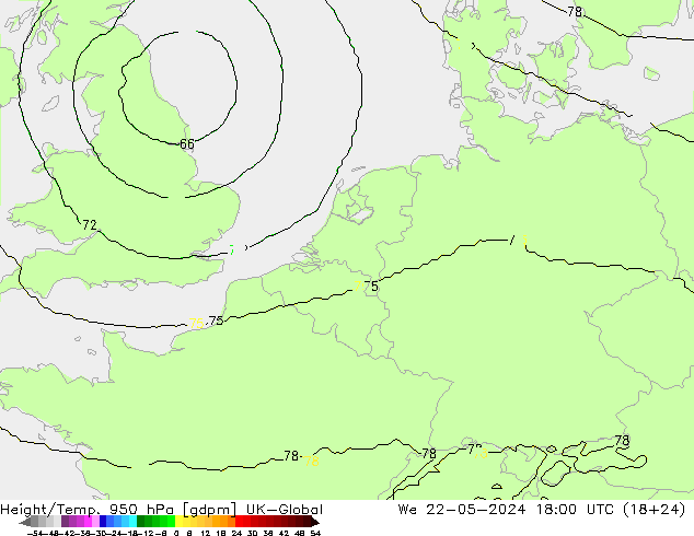 Height/Temp. 950 hPa UK-Global 星期三 22.05.2024 18 UTC