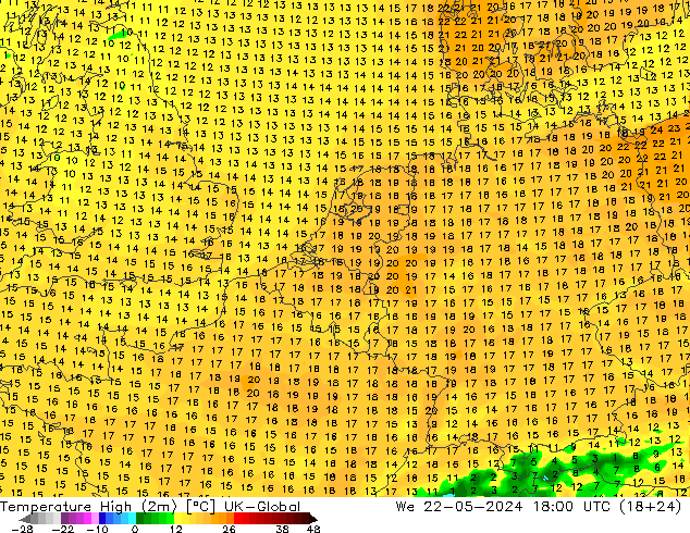 Temperature High (2m) UK-Global 星期三 22.05.2024 18 UTC