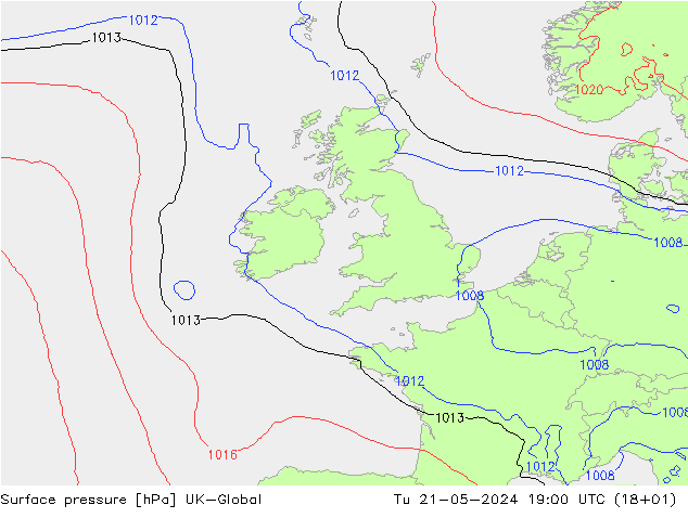Surface pressure UK-Global Tu 21.05.2024 19 UTC