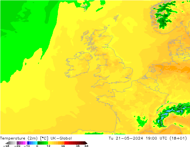 Temperature (2m) UK-Global Tu 21.05.2024 19 UTC