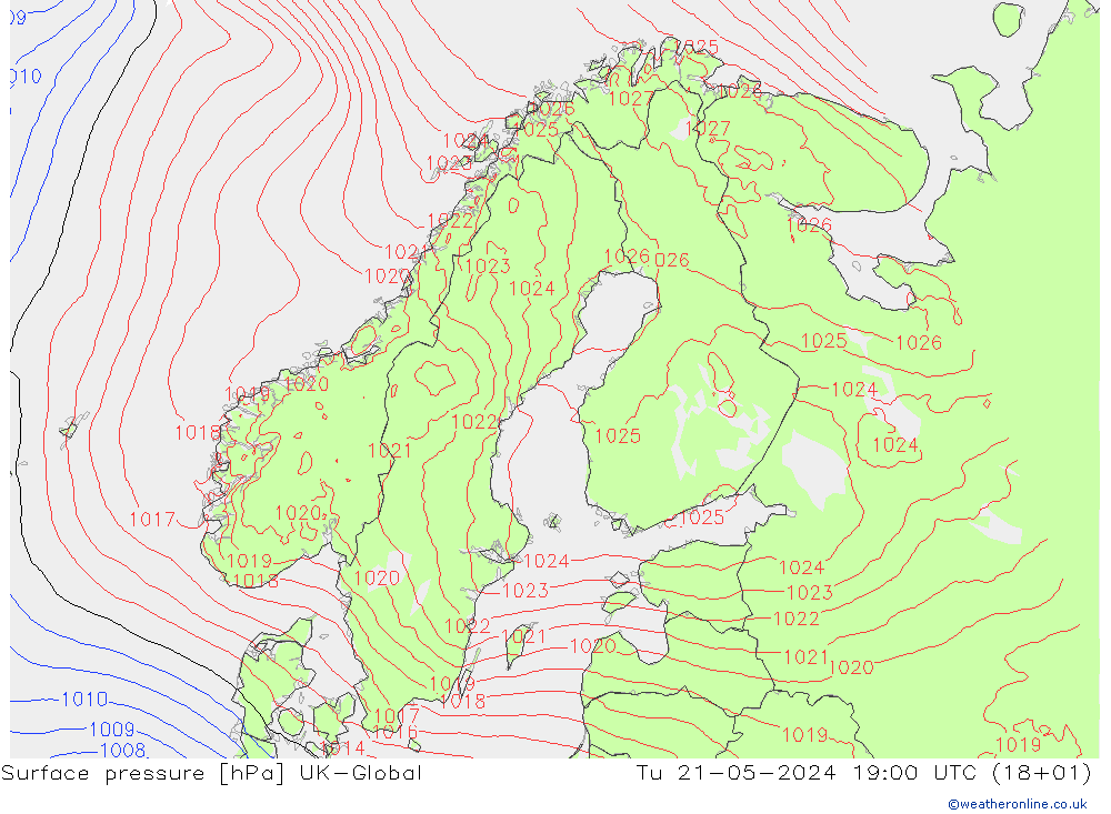 地面气压 UK-Global 星期二 21.05.2024 19 UTC