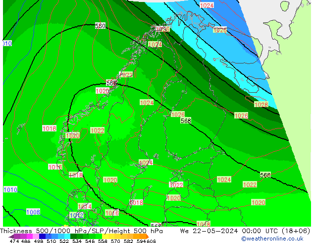 Thck 500-1000hPa UK-Global St 22.05.2024 00 UTC