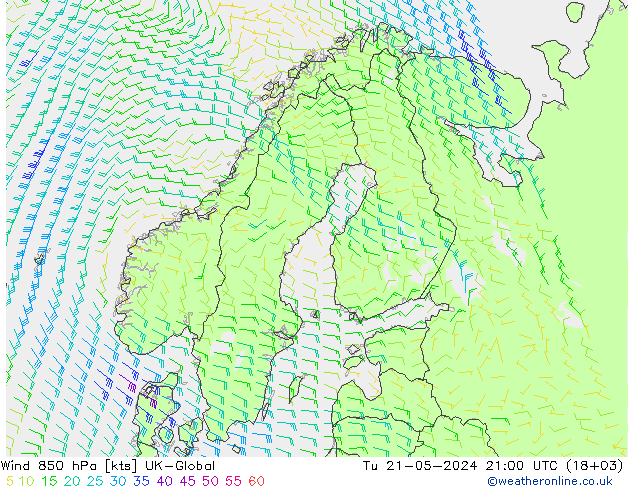 风 850 hPa UK-Global 星期二 21.05.2024 21 UTC