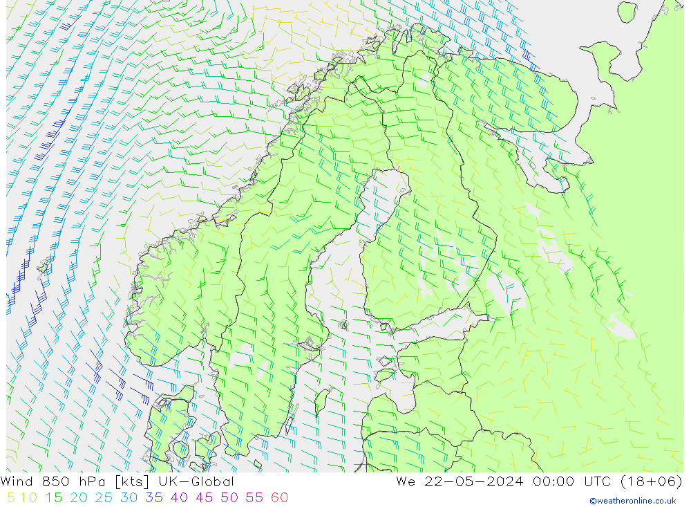 Wind 850 hPa UK-Global wo 22.05.2024 00 UTC