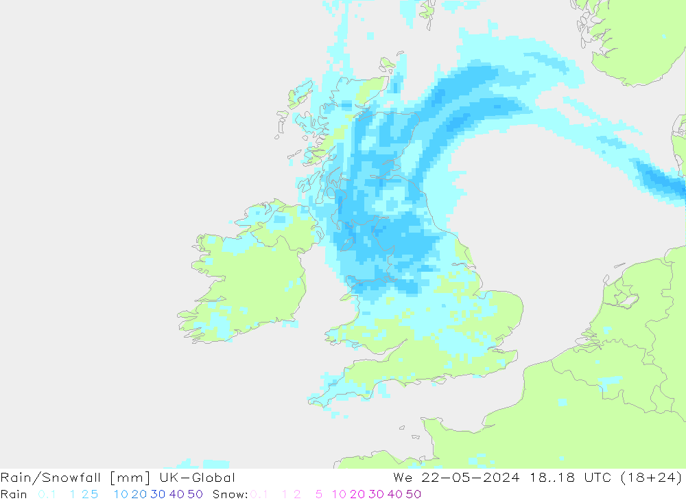 Regen/Sneeuwval UK-Global wo 22.05.2024 18 UTC