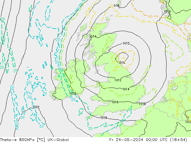 Theta-e 850hPa UK-Global Fr 24.05.2024 00 UTC