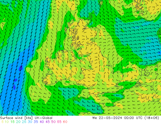 Vent 10 m UK-Global mer 22.05.2024 00 UTC