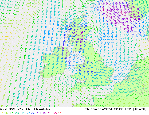 Wind 850 hPa UK-Global Do 23.05.2024 00 UTC
