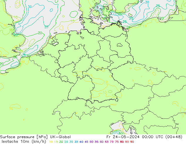Isotachen (km/h) UK-Global Fr 24.05.2024 00 UTC