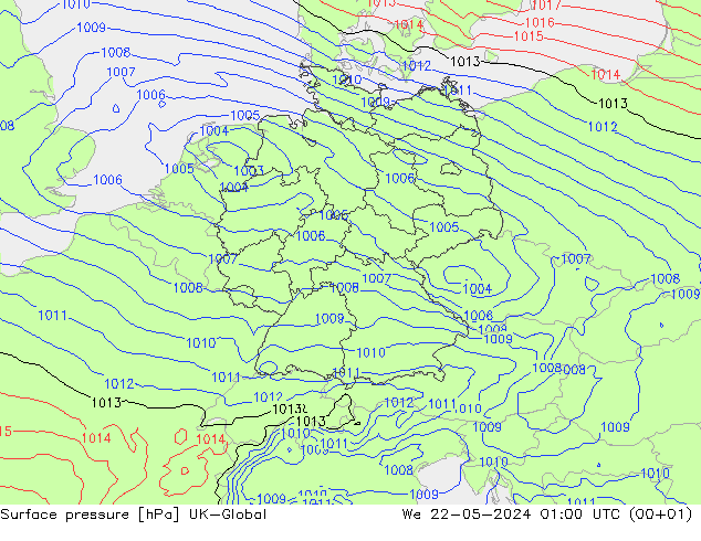 Surface pressure UK-Global We 22.05.2024 01 UTC