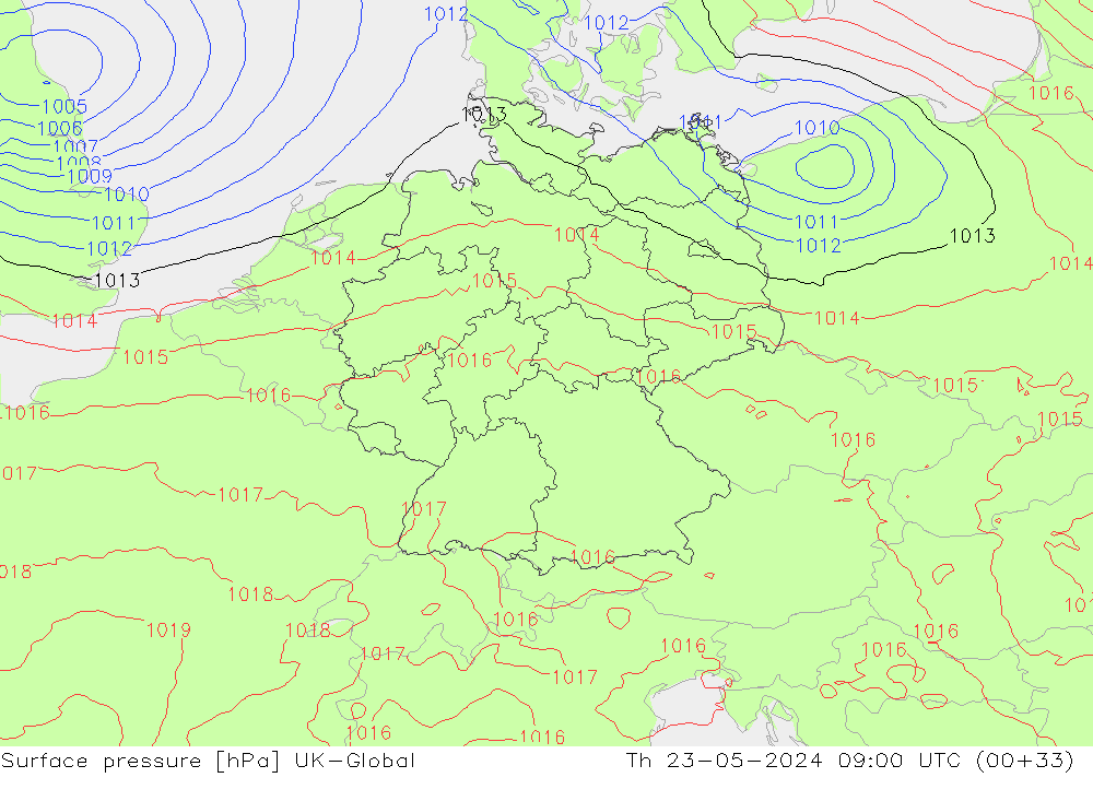 Surface pressure UK-Global Th 23.05.2024 09 UTC