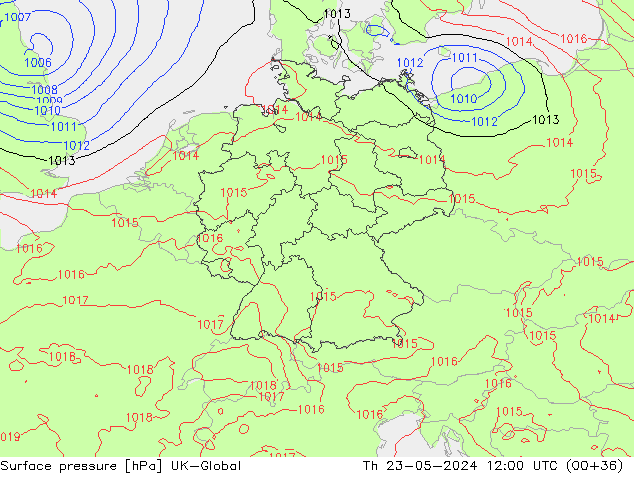 Pressione al suolo UK-Global gio 23.05.2024 12 UTC