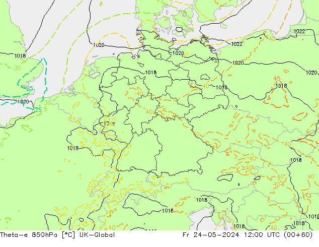 Theta-e 850hPa UK-Global Fr 24.05.2024 12 UTC